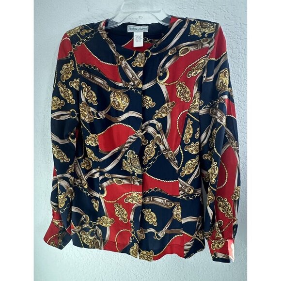 Vtg Stephanie Andrews 100% Silk Navy Red Button Dwn Blouse XS Corpcore Old Money - Picture 2 of 9